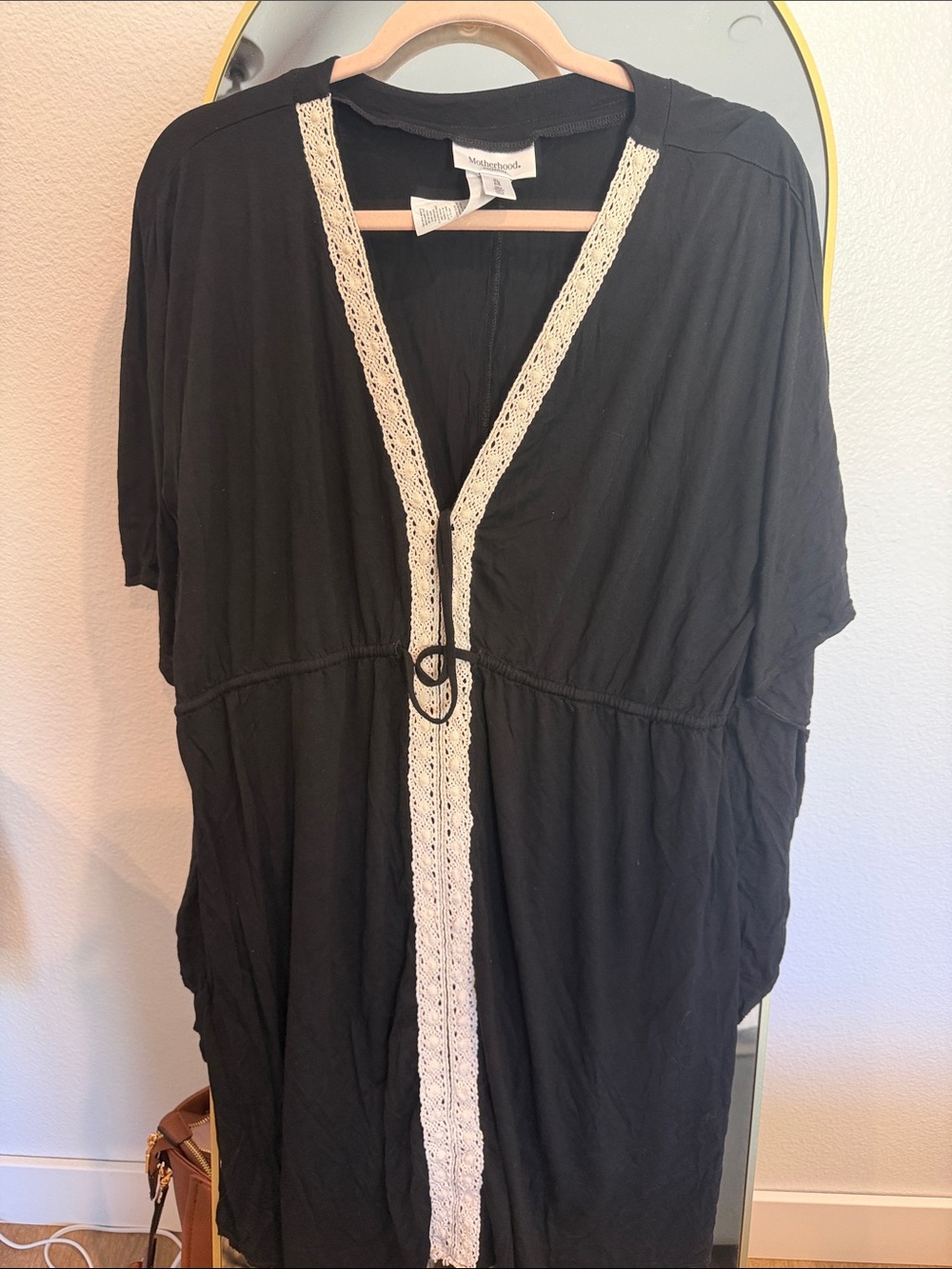 Motherhood Maternity Black Tunic with Cream Crochet Placket Very Soft